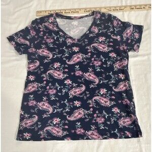 Lands' End Women’s M Blue/Pink Paisley V-Neck Short Sleeve Cotton Knit Tee 0216